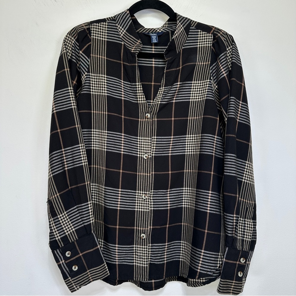 Hatley Plaid Collarless Blouse Lightweight Button Front Shirt M Preppy Neutral